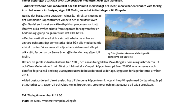 Nya bostäder i Alingsås: Vinnande arkitektbyrå presenteras på Vimpeln 6 november kl 11.00