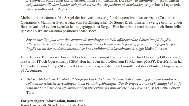 Två nya topprekryteringar till PayEx