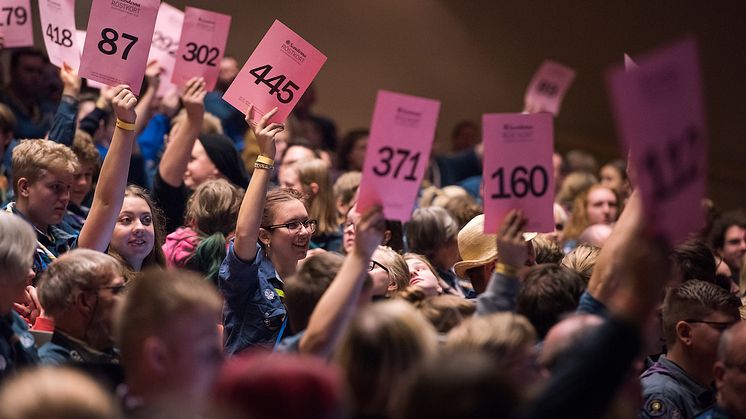 Unga ombud som röstar i Scouternas stämma 2018. Scouternas stämma, Demokratijamboree, hålls vartannat år. I år hålls hela arrangemanget digitalt. Foto: Nathalie Malic