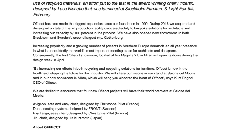Offecct strengthens its position on the International market  and raises the bar for upcycling in the furniture industry