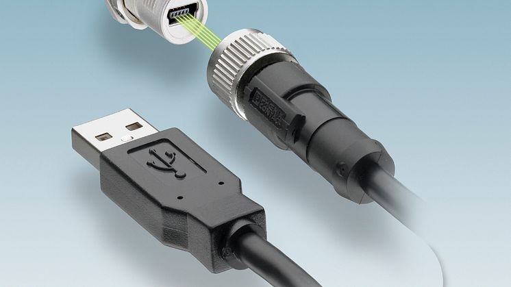 M12 kontakt med Mini-B USB-insats ger en säker och tät anslutning i industriell miljö