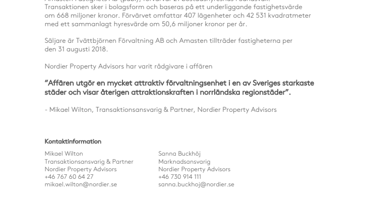 Amasten förvärvar i Sundsvall – Nordier Property Advisors rådgivare