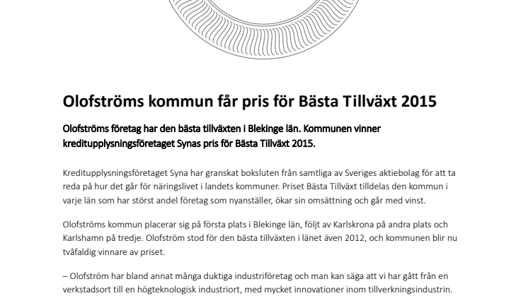 Olofströms kommun får pris för Bästa Tillväxt 2015