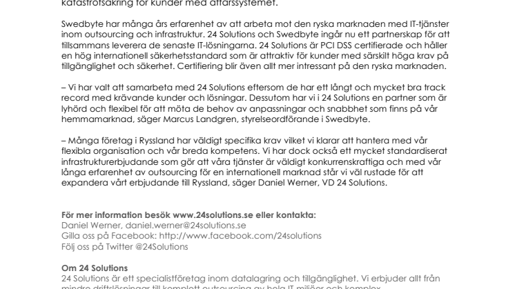 24 Solutions och Swedbyte ingår samarbete på den ryska marknaden
