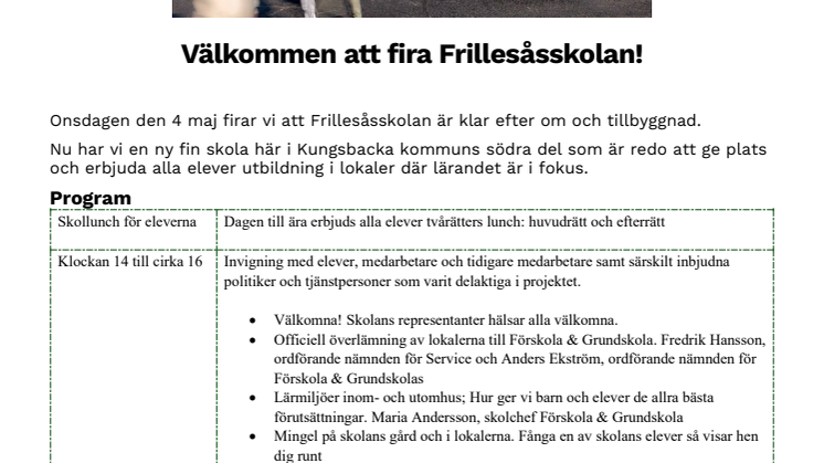 Program invigning av Frillesåsskolan 4 maj 2022