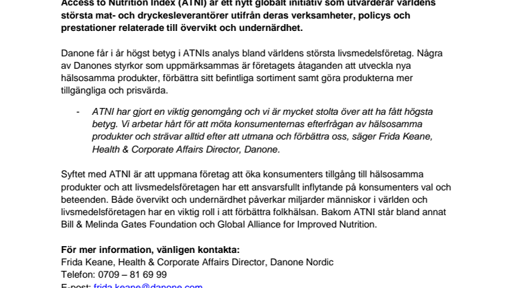 Danone får högst betyg bland världens 25 största livsmedelsföretag - Nytt index rankar hur livsmedelbolag tar sig an globala utmaningar inom kost och hälsa  