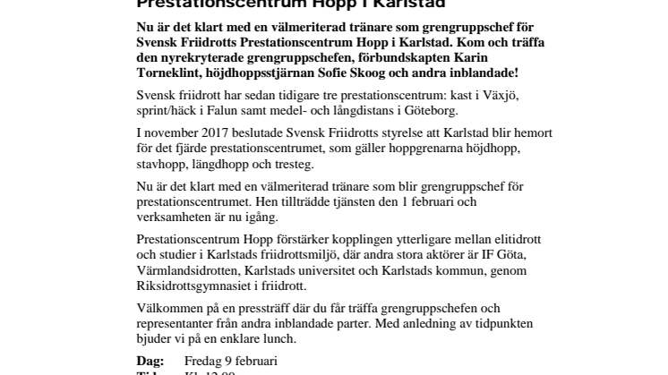 Pressinbjudan: Välmeriterad tränare blir grengruppschef för Prestationscentrum Hopp i Karlstad