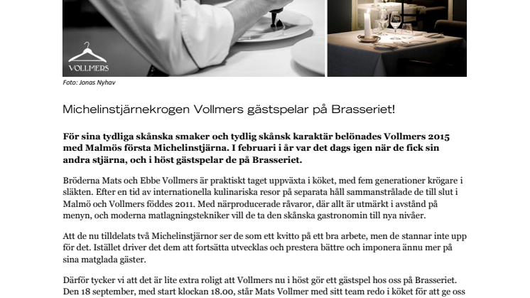 Michelinstjärnekrogen Vollmers gästspelar på Brasseriet!
