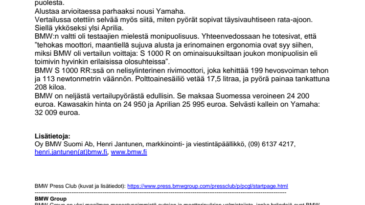 BMW jyräsi voittoon moottoripyörälehden vertailutestissä