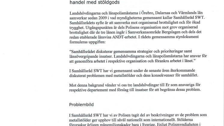 PM SWT till regeringen om metallstölder