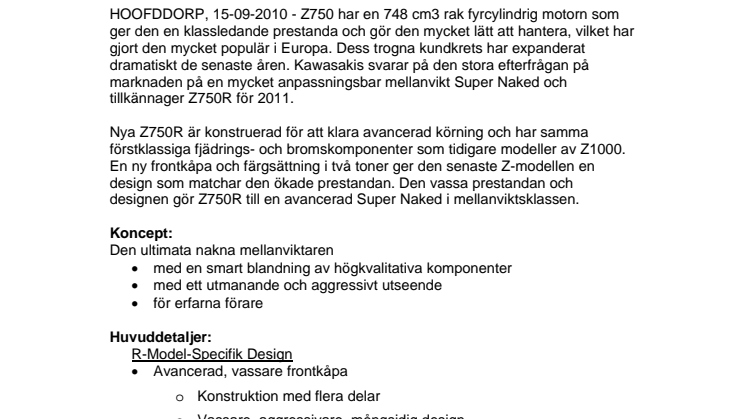 Kawasaki visar första landsvägsmotorcykeln för 2011 - Z750R