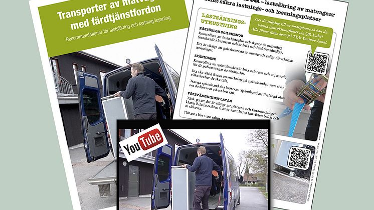 Skrift, checklista och instruktionsfilmer som visar hur matvagnar lastsäkras i färdtjänstfordon.