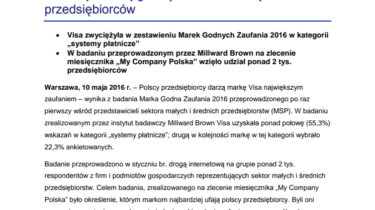 Visa najbardziej godną zaufania marką wśród przedsiębiorców