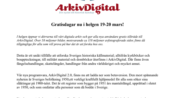 Gratisdagar nu i helgen 19-20 mars