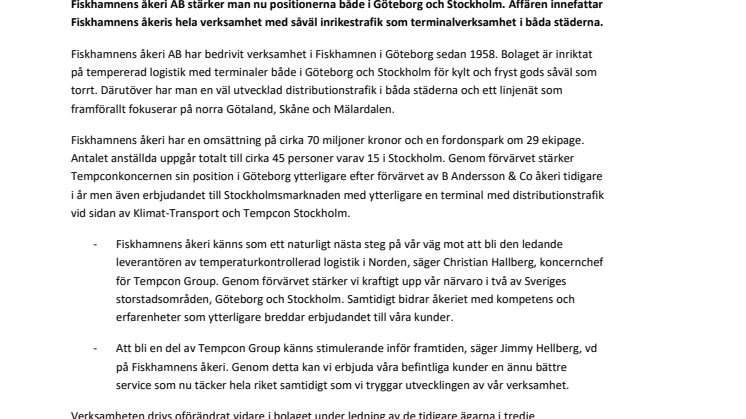 ​Tempcon Group förvärvar Fiskhamnens åkeri, en etablerad aktör i Göteborg med verksamhet även i Stockholm
