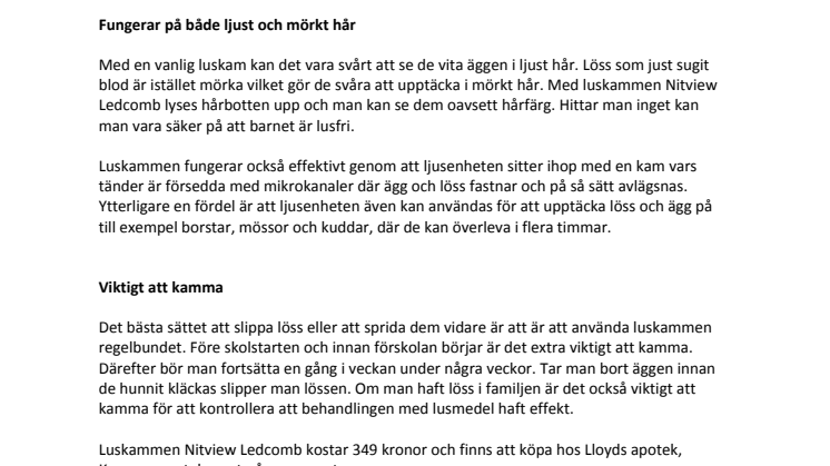 Ny unik luskam med UV- ljus gör det lätt att se och ta bort löss och deras ägg