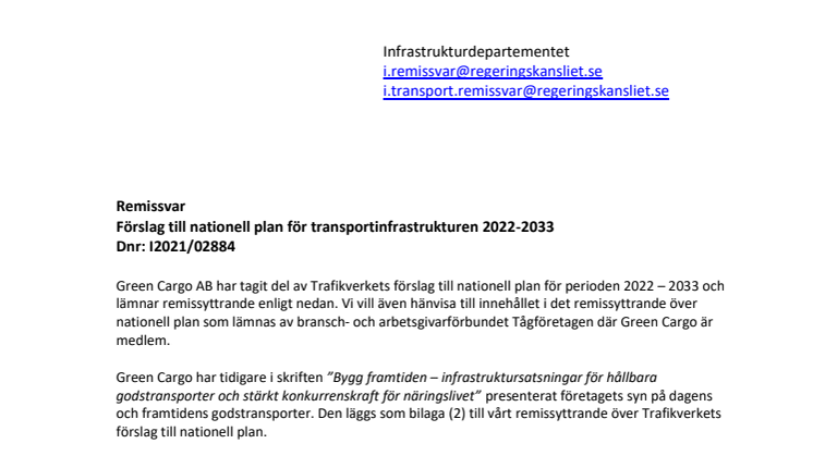 Green Cargos remissvar på Trafikverkets förslag till nationell plan 2022-2033.