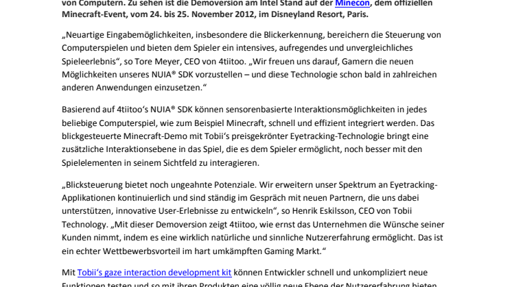 Gaming Innovation von 4tiitoo und Tobii Technology: Minecraft kann jetzt mit den Augen gesteuert werden