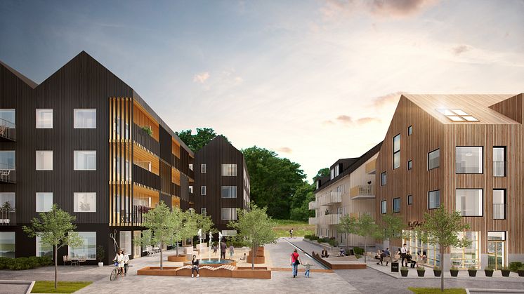 Träkvarteren Västergöken karaktäriseras av varierad arkitektur och lägenheter för olika livssituationer. 