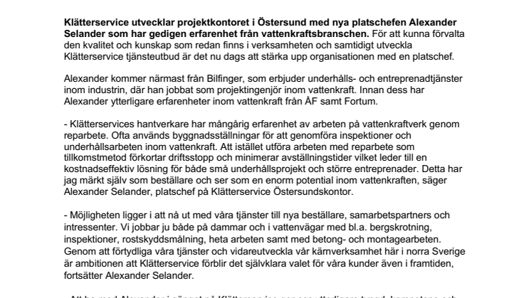 Klätterservice utvecklar verksamheten inom vattenkraft