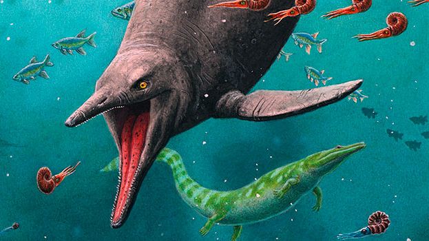Rekonstruktion av den tidigaste ichthyosauren och det 250 miljoner år gamla ekosystemet som återfunnits på Spetsbergen. Illustration: Esther van Hulsen