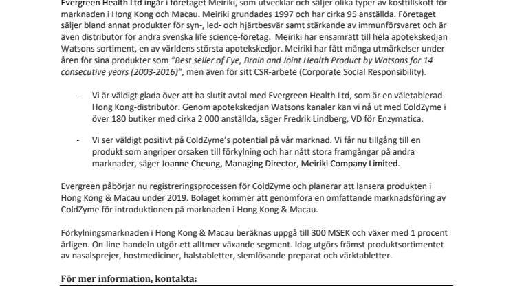Enzymatica sluter ytterligare avtal i Asien med Evergreen för Hong Kong & Macau