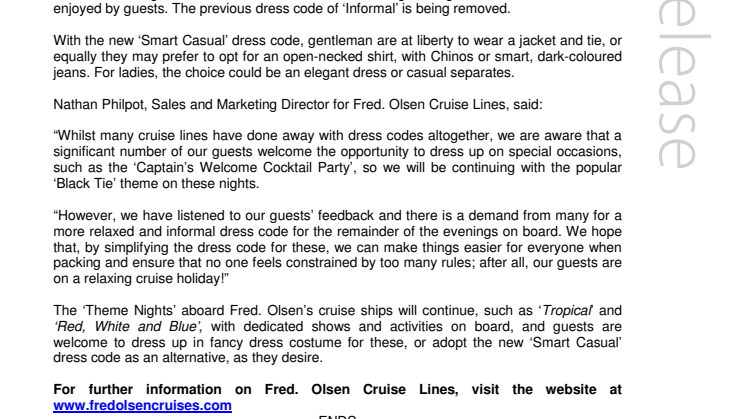 Fred. Olsen Cruise Lines simplifies the evening dress code across its fleet