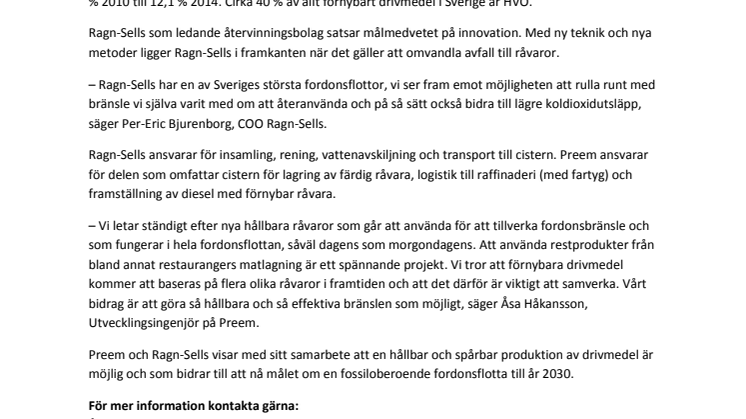 Preem och Ragn-Sells tar fram diesel av förbrukat matfett