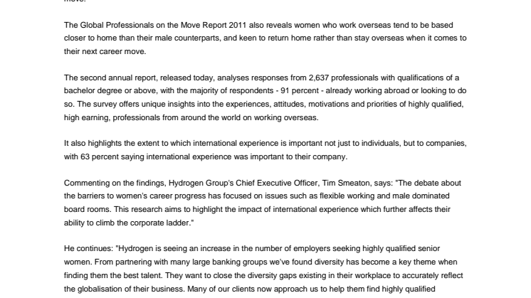 International Experience - Men Outnumber Women Four to One in Working Abroad
