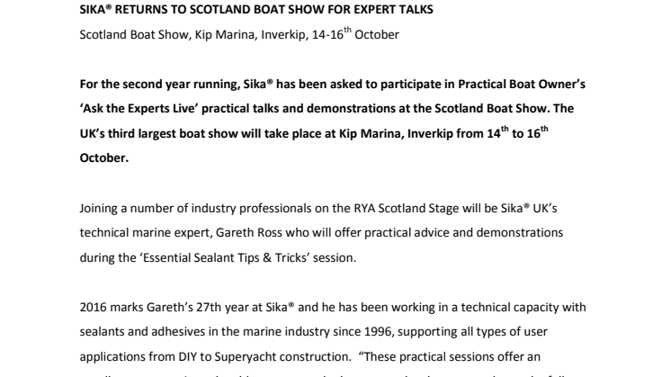 Sika UK: Sika® Returns to Scotland Boat Show for Ask the Experts