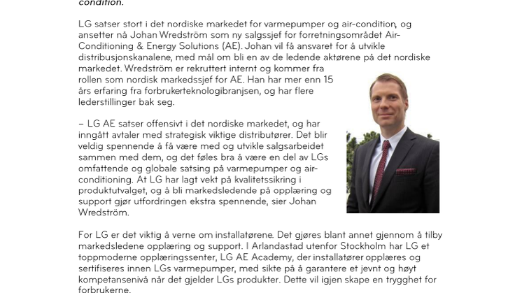 Johan Wredström blir ny salgssjef for LG Air- Conditioning & Energy Solutions