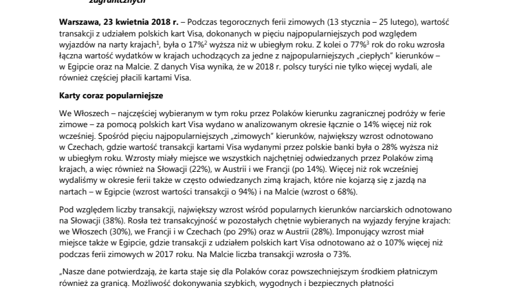 Rosną wydatki Polaków dokonywane kartami Visa w trakcie ferii spędzanych za granicą