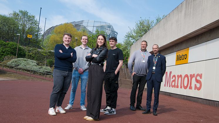 Business Clinic students Nathan Binns, George Dawson, Ella Craggs and Elliot Cowie with David Turton and Matt Godwin of Nexus 