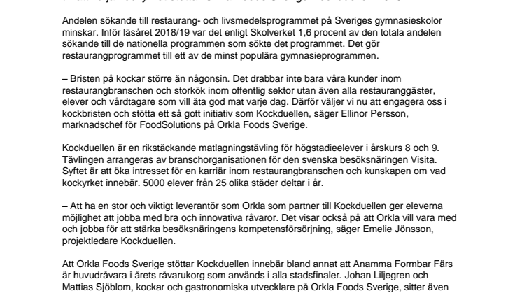Orkla Foods Sverige stöttar Kockduellen för att fler elever ska välja kockyrket