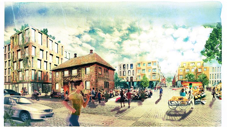 Visionsbild över kvarteret Brännaren i Sorgenfri med Benzonhuset, vy från Industrigatan. Illustration: Ludvig von Hofsten, Malmö stad