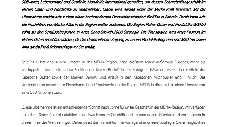 Arla übernimmt Kraft Käse-Markengeschäft im Nahen Osten und Afrika von Mondeléz International 