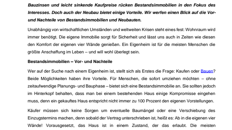 Neubau vs. Bestandsimmobilie: Was zukünftige Bauherren bedenken sollten