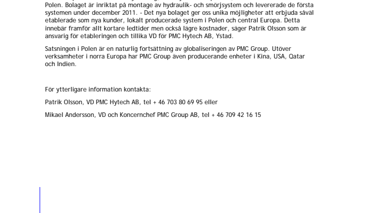 PMC Group etablerar nytt hydraulikbolag i Polen