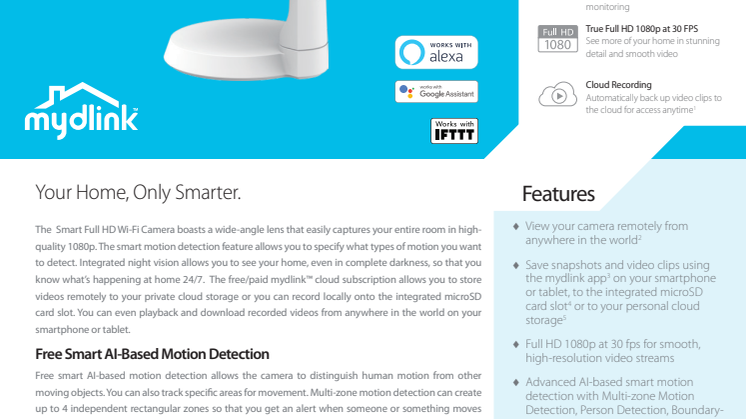 Datablad, D-Link DCS-8325LH Smart Full-HD Wi-Fi kamera