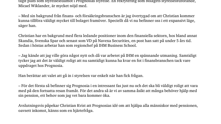 Christian Kvist förstärker pensionsbolaget Prognosias styrelse