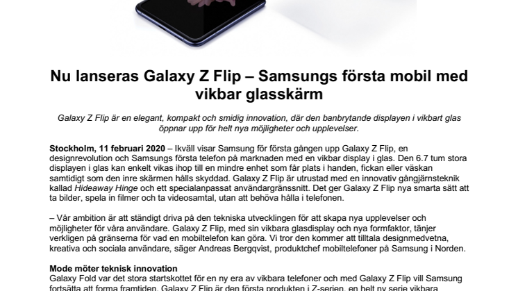 Nu lanseras Galaxy Z Flip – Samsungs första mobil med vikbar glasskärm
