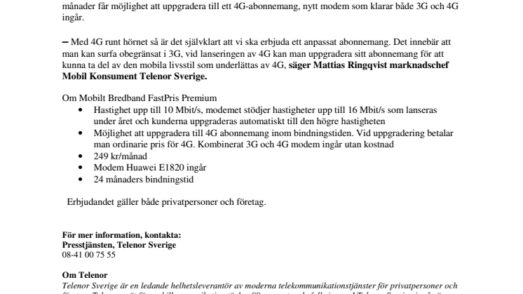 Telenor lanserar mobilt bredband med 4G-uppgradering
