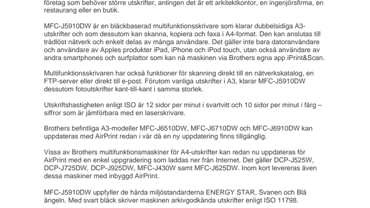 Ny A3-skrivare från Brother med AirPrint-funktion
