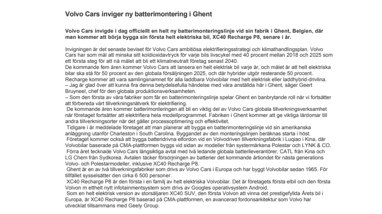 Volvo Cars inviger ny batterimontering i Ghent