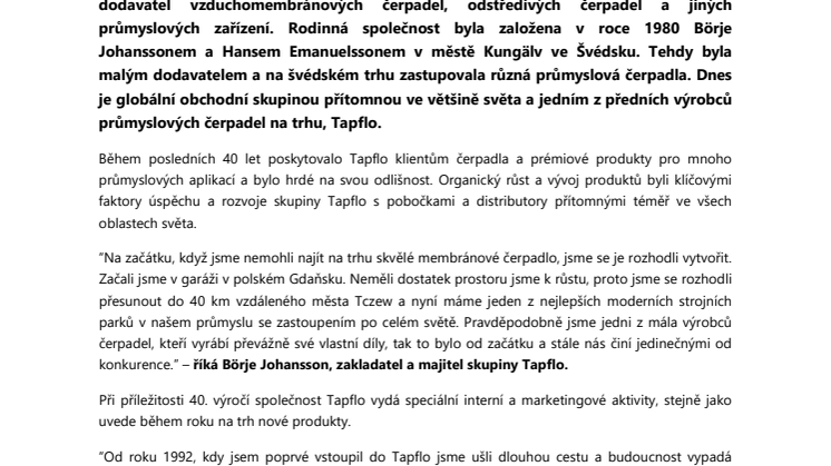 Tapflo – Cesta začala před čtyřiceti lety ve Švédsku