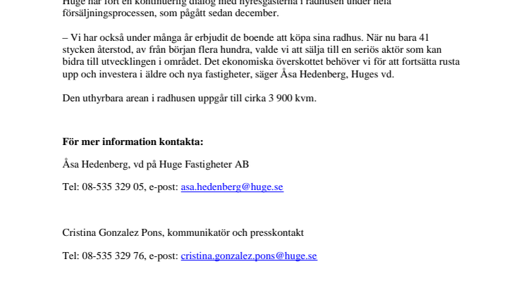 Huge Fastigheter säljer 41 radhus i Skogås 