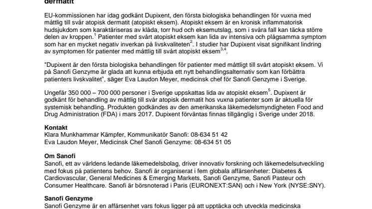 Dupixent® (dupilumab) godkänd i EU för behandling av måttlig till svår atopisk dermatit