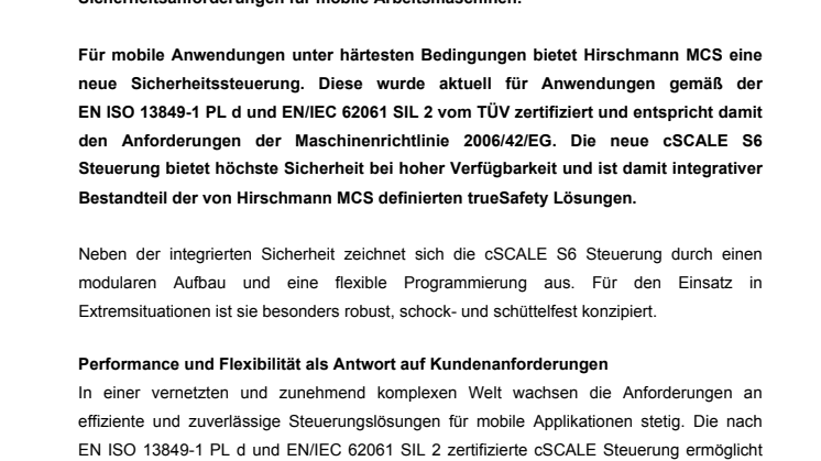 Neue trueSafety Lösung: zertifizierte cSCALE S6 Steuerung