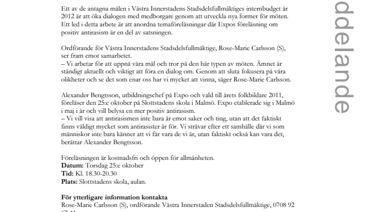 Västra Innerstaden och Expo samarbetar mot intolerans