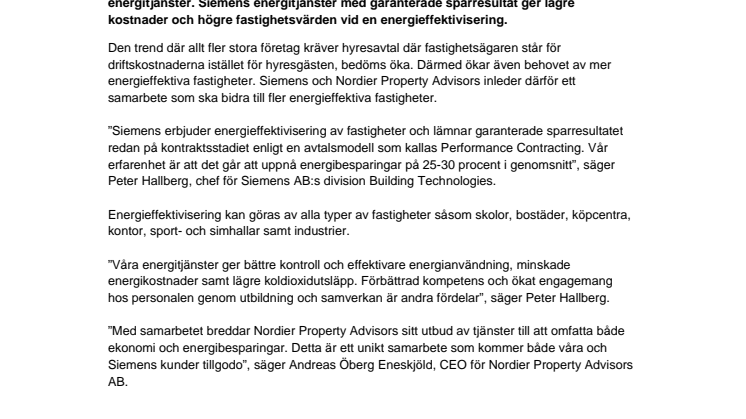 Siemens och Nordier Property Advisors inleder samarbete
